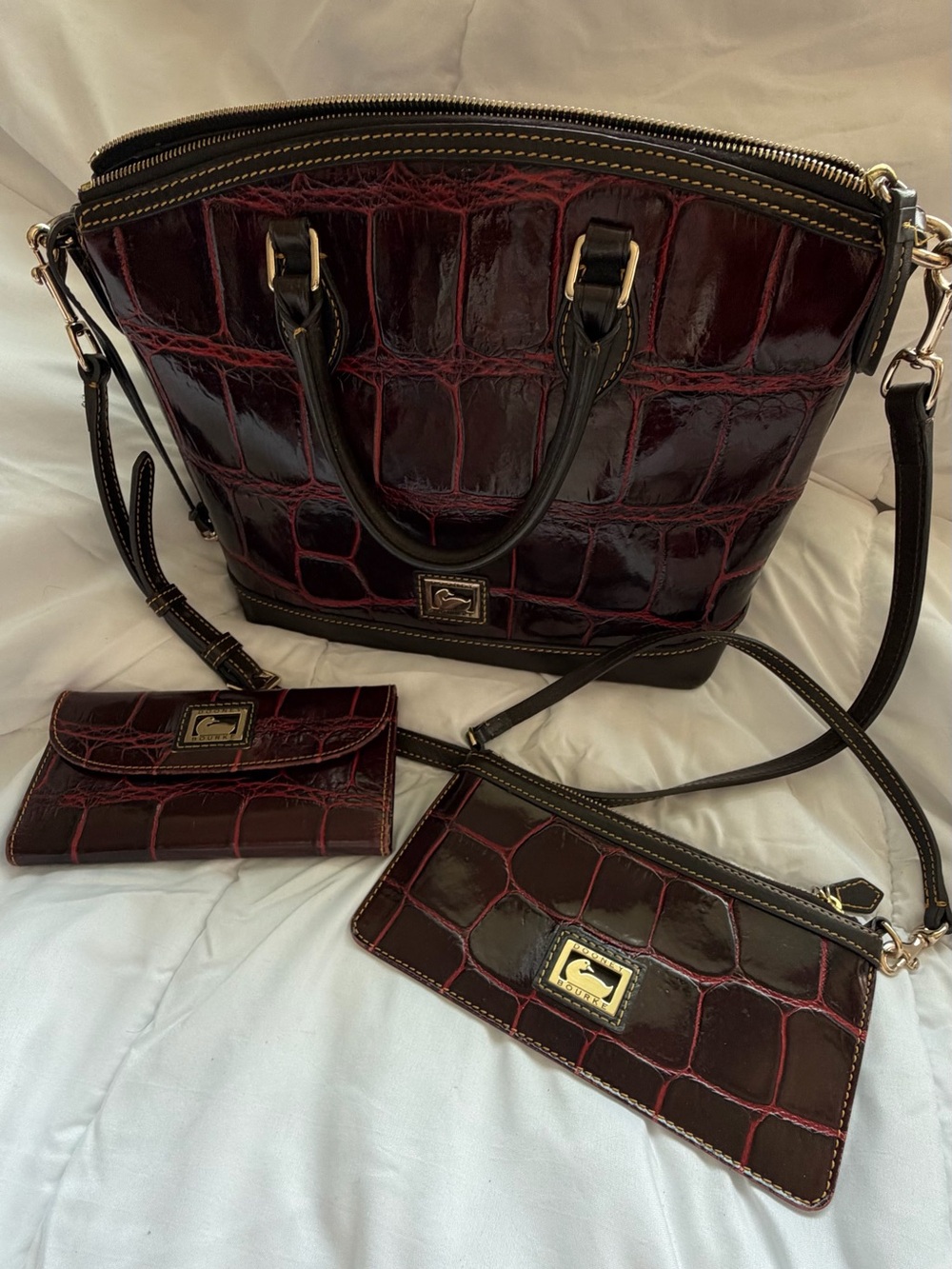 Dooney & Bourke Burgundy Croc-Embossed Satchel w/Removable Wristlet & Wallet Set